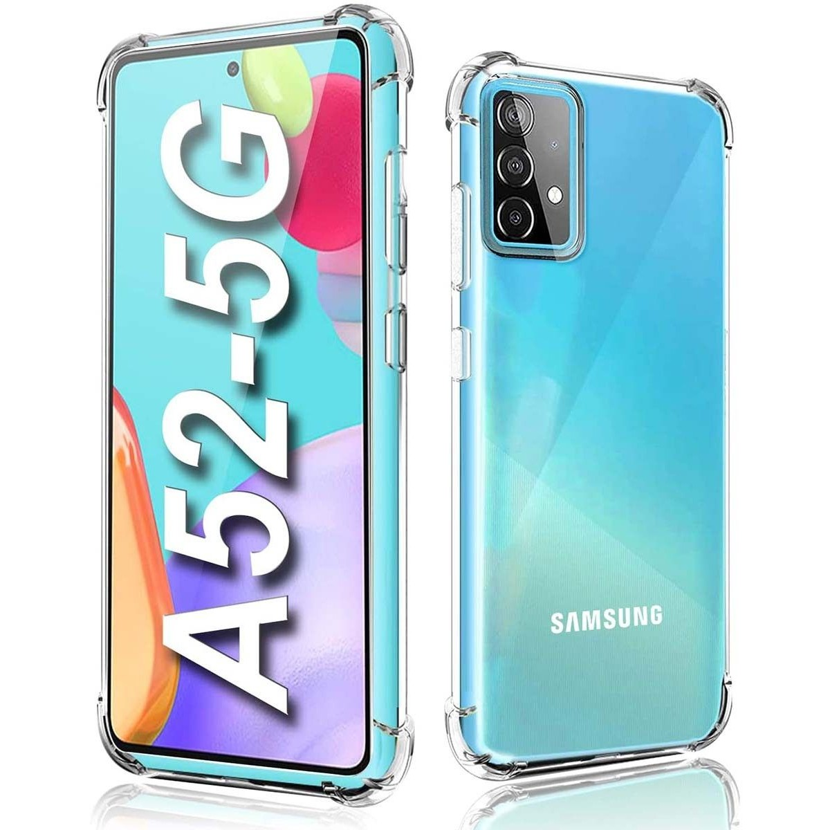 Un telefono è in una custodia trasparente con un telefono azzurro. La custodia del telefono ha una cornice trasparente.