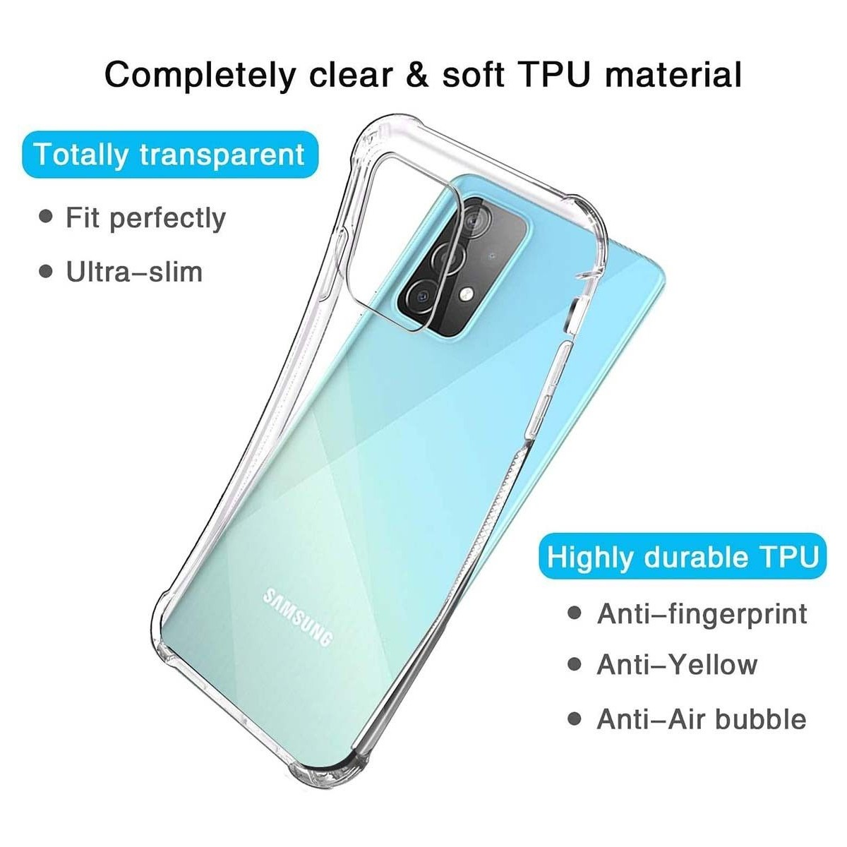 Custodia trasparente per telefono su telefono azzurro. Testo: trasparente e resistente.