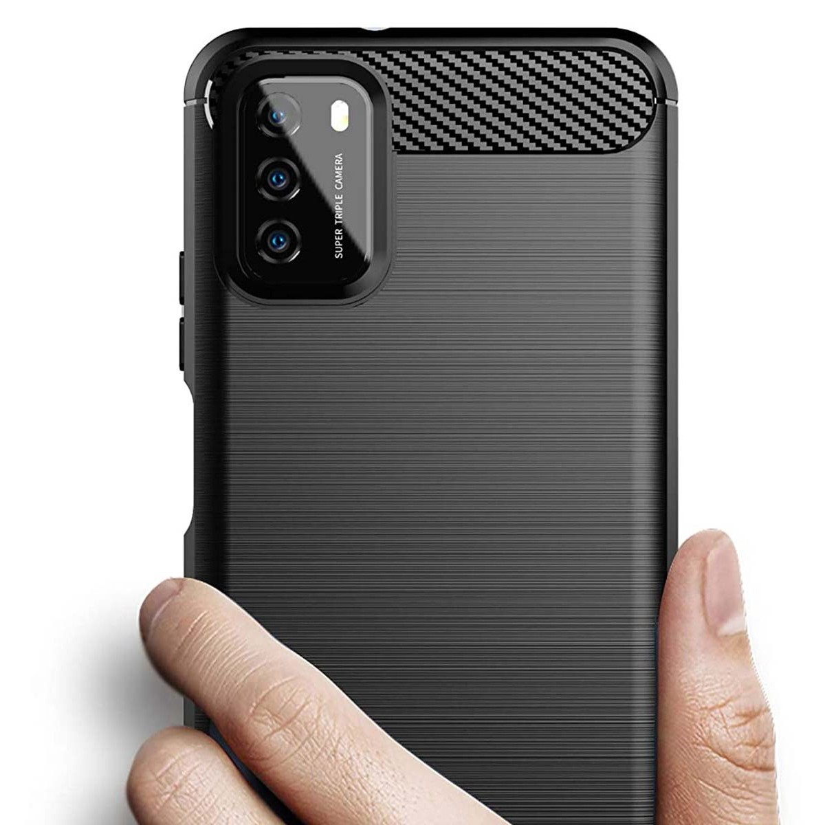 Funda de teléfono con una superficie texturizada. La superficie es de color negro, con una cámara y una lente triple.