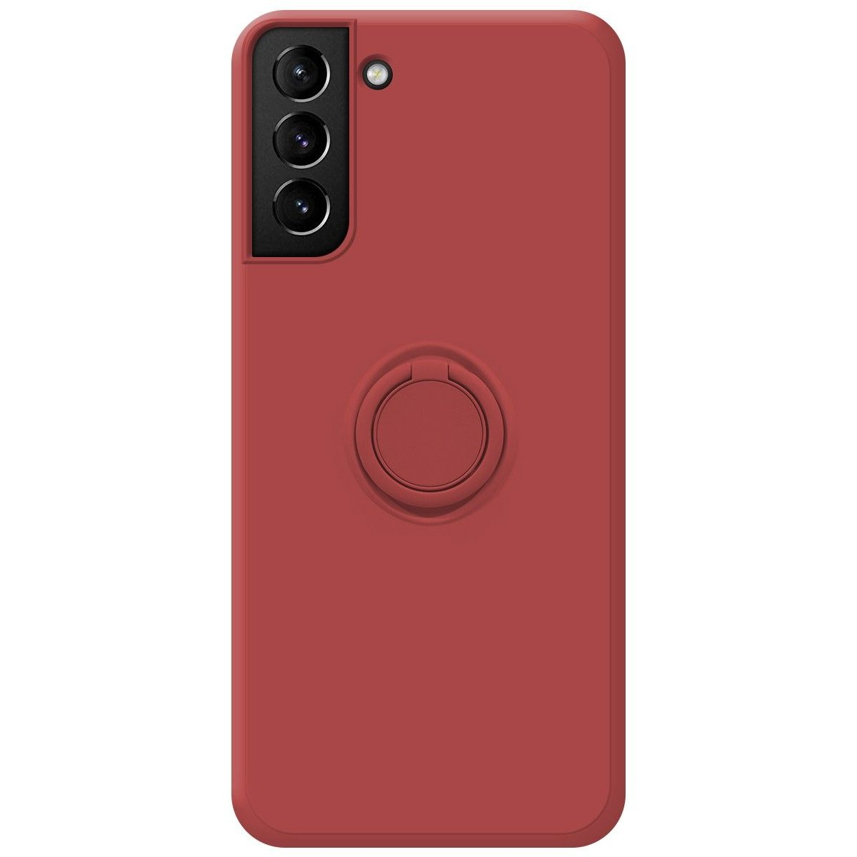 Funda de teléfono roja con un soporte de anillo en la parte posterior. Configuración de triple cámara y flash visibles en la parte superior.
