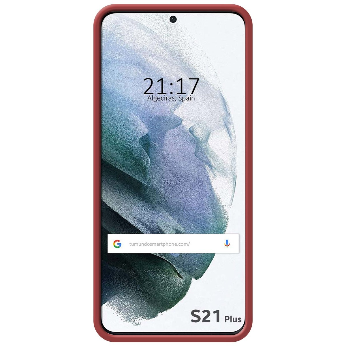 Funda de teléfono con borde rojo. La pantalla del teléfono muestra un fondo gris claro con la hora 21:17.