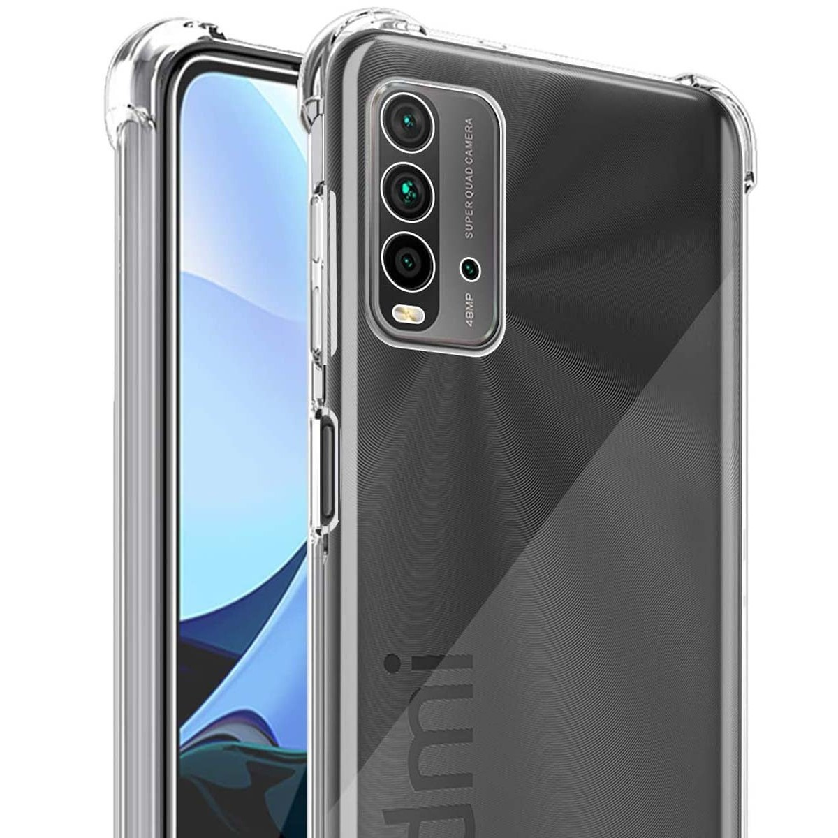 Una custodia trasparente con un telefono che mostra la parte posteriore con il modulo fotocamera e il bordo.