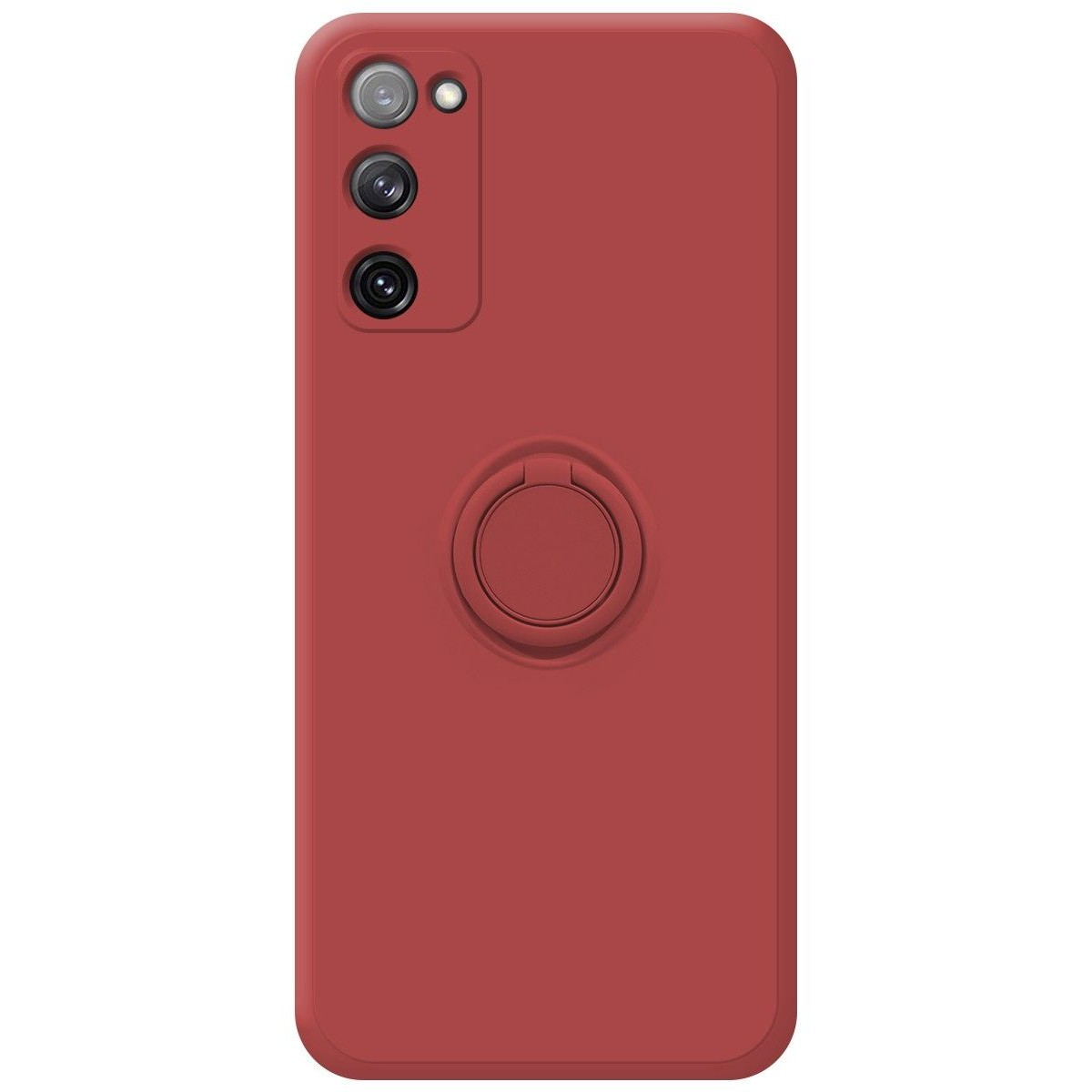 Funda de teléfono roja con cámara y soporte de anillo. El teléfono no tiene detalles en la pantalla.