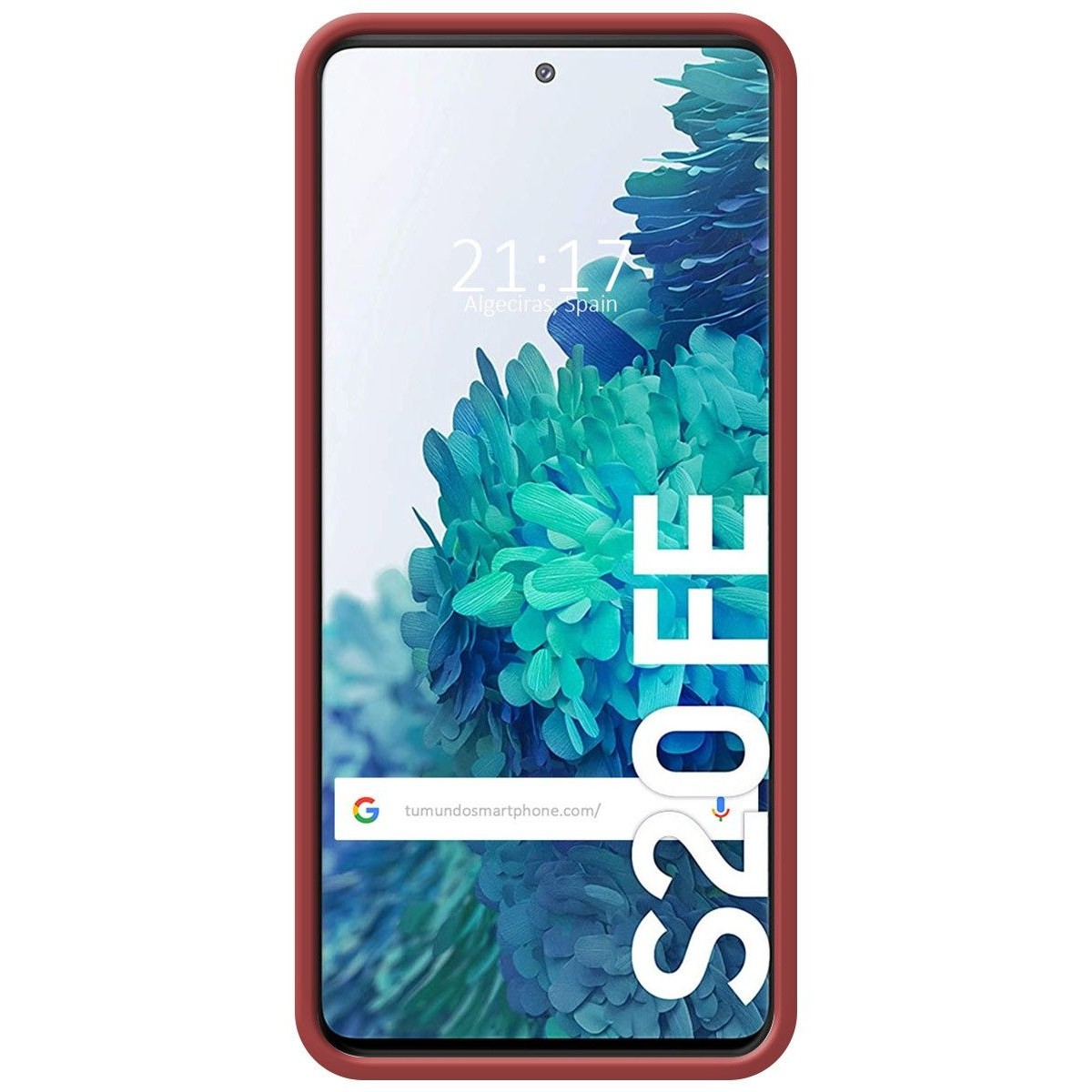 Teléfono con funda roja. La pantalla muestra un patrón azul y verde en forma de hoja con texto.