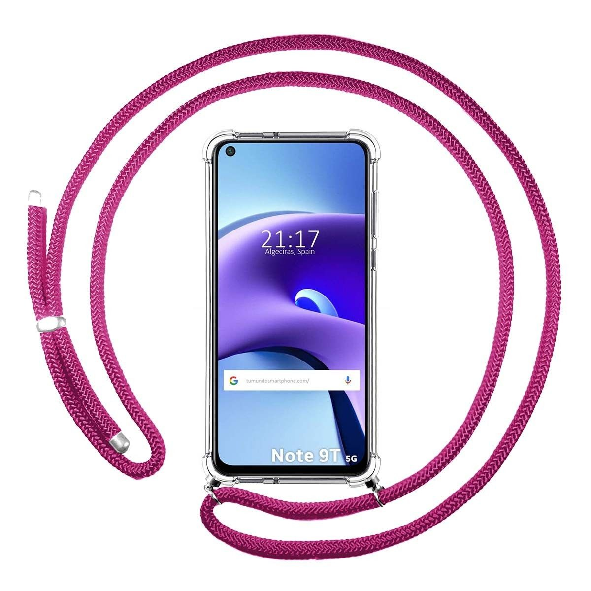Custodia con cordino. Lo schermo del telefono mostra ora e luogo. Viene mostrato Note 9T 5G.