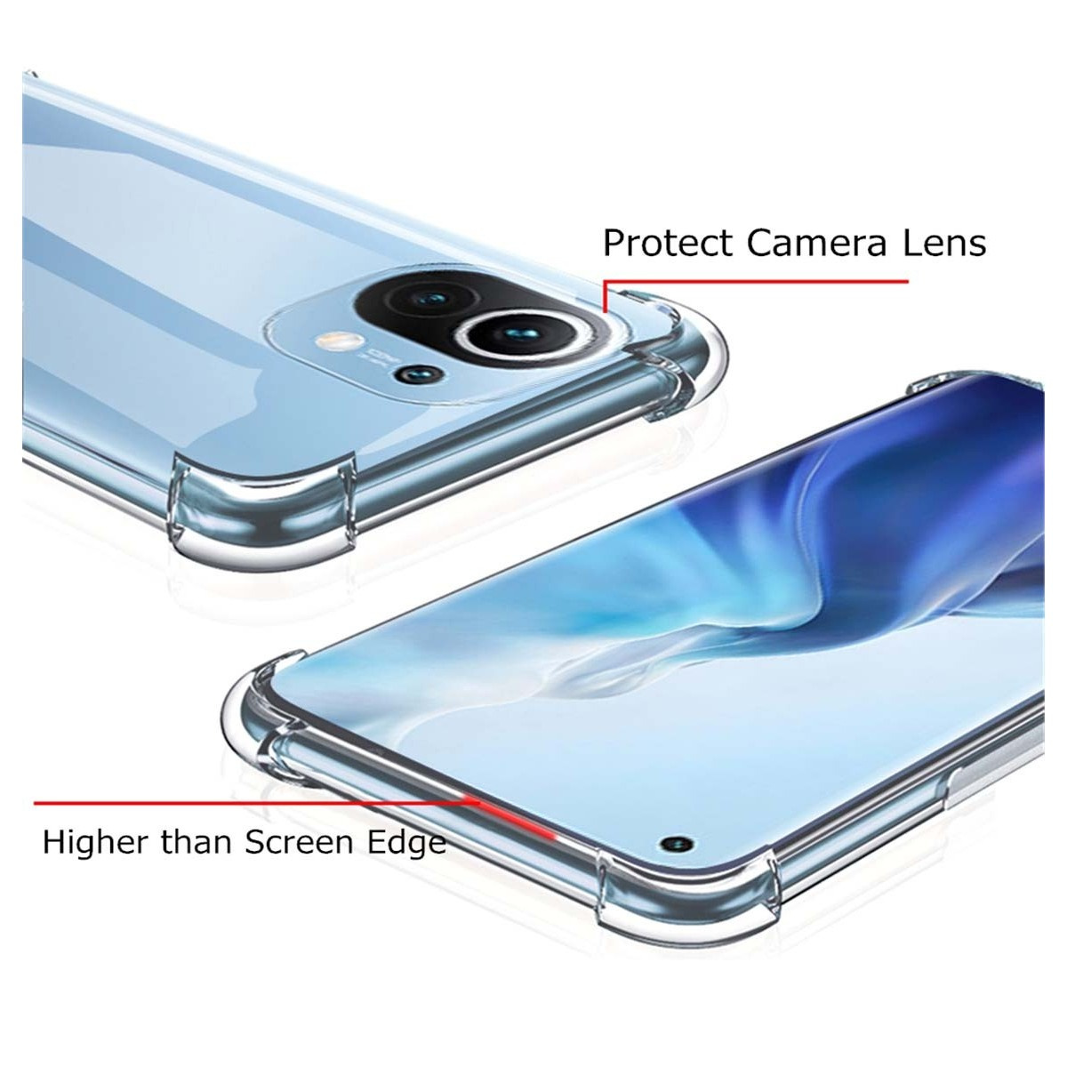 Due custodie per telefono. Una è trasparente e l'altra è blu. Mostrano dove si trova l'obiettivo della fotocamera.