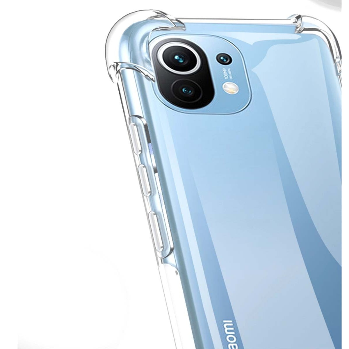 Il retro di un telefono azzurro con una fotocamera.