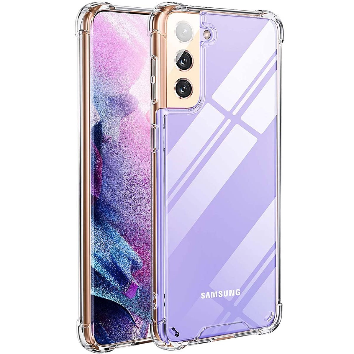 Custodia per telefono con sfondo viola. Una custodia trasparente con bordo dorato.