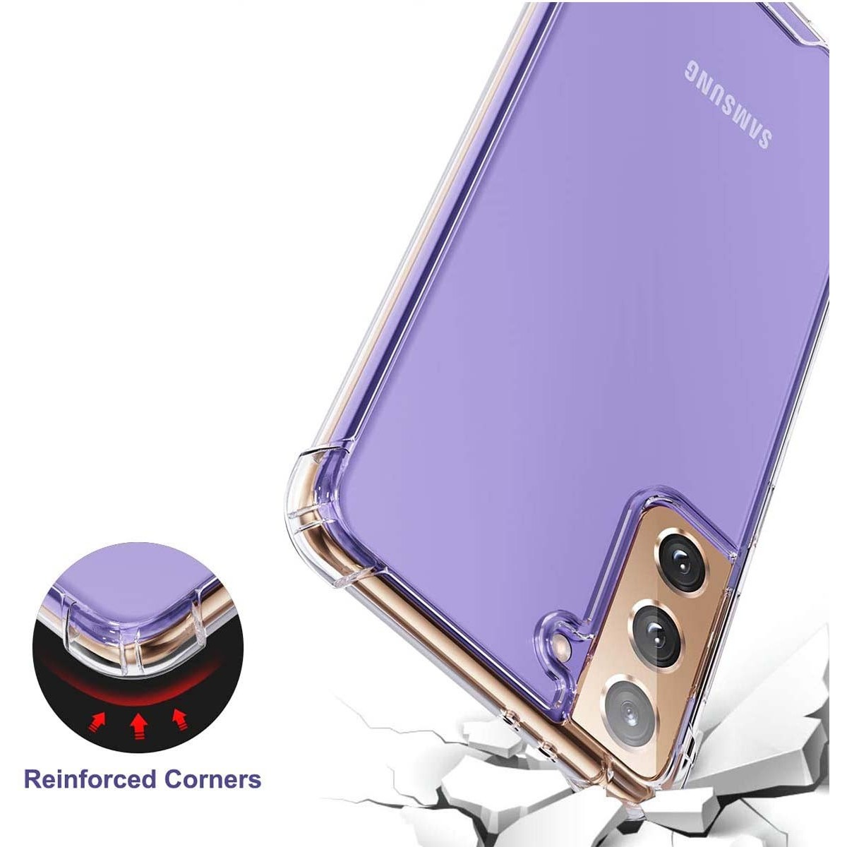 Custodia per telefono viola con angoli rinforzati. Il telefono è angolato, mostrando la parte posteriore e laterale.