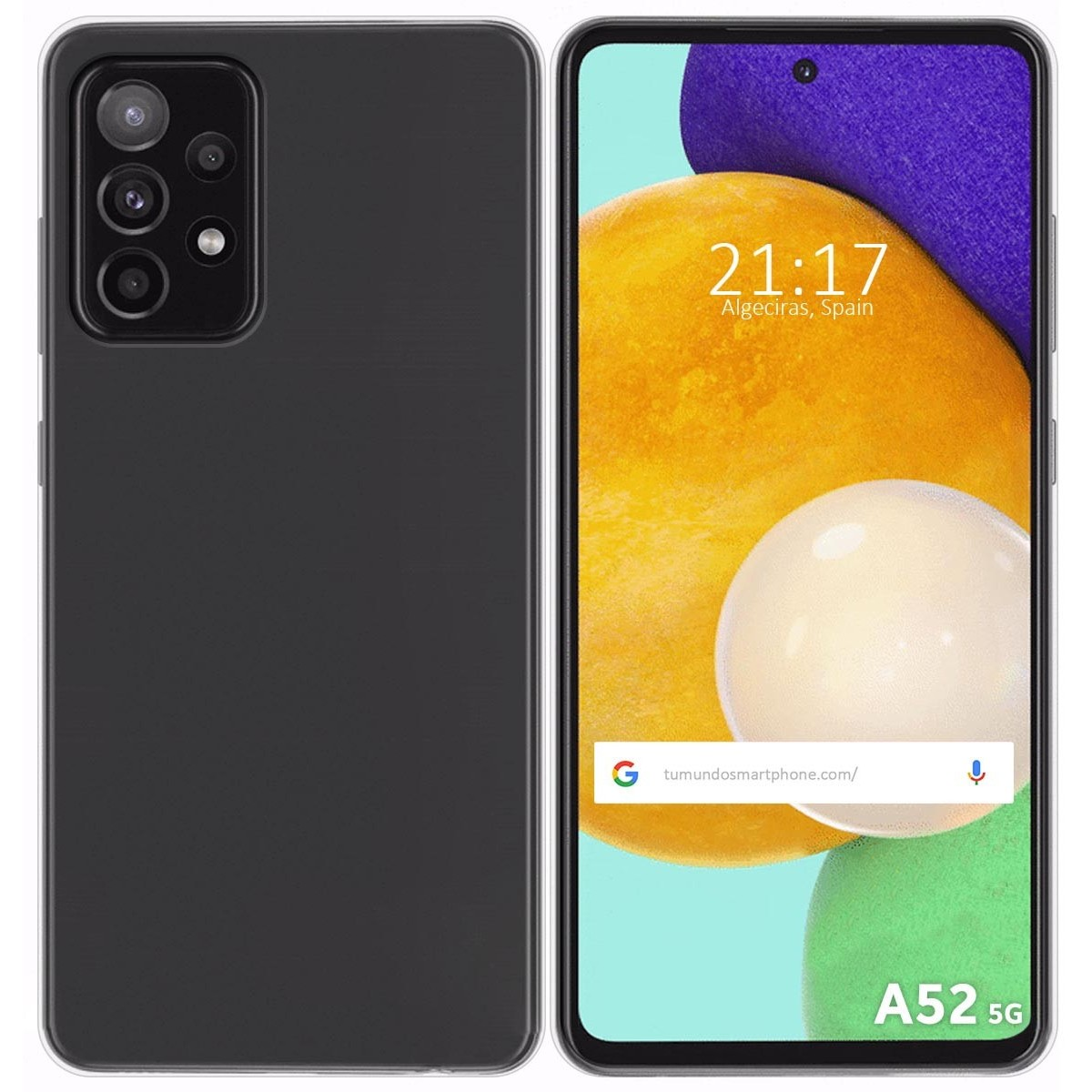 Custodia per telefono con un design nero semplice. Lo schermo del telefono mostra uno sfondo arancione brillante. Sono le 21:17.