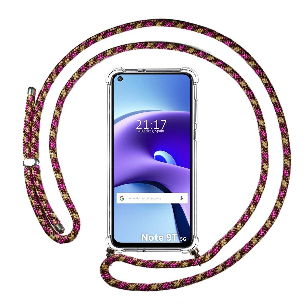 Telefono con corda rosa e marrone. Lo schermo mostra ora e luogo. Etichetta Note 9T 5G in basso.