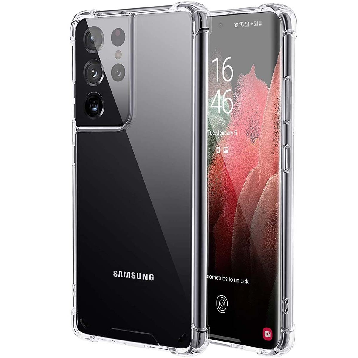 Custodia trasparente per telefono su un telefono nero. Mostra il logo Samsung e lo schermo del telefono. La custodia protegge il telefono.