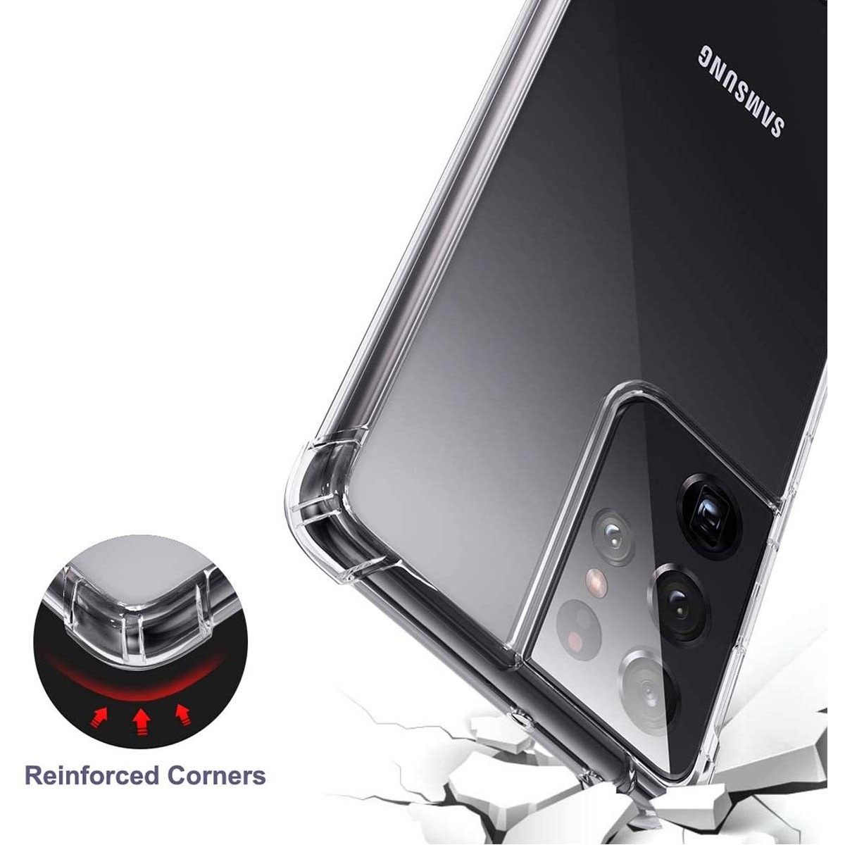 Custodia per telefono con angoli rinforzati e un telefono Samsung.