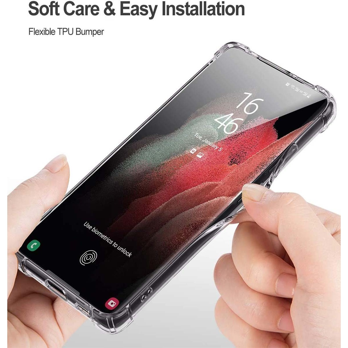 Mano che tiene un telefono con custodia trasparente. Schermo scuro con ora: 16:46. 'Usa la biometria per sbloccare'.