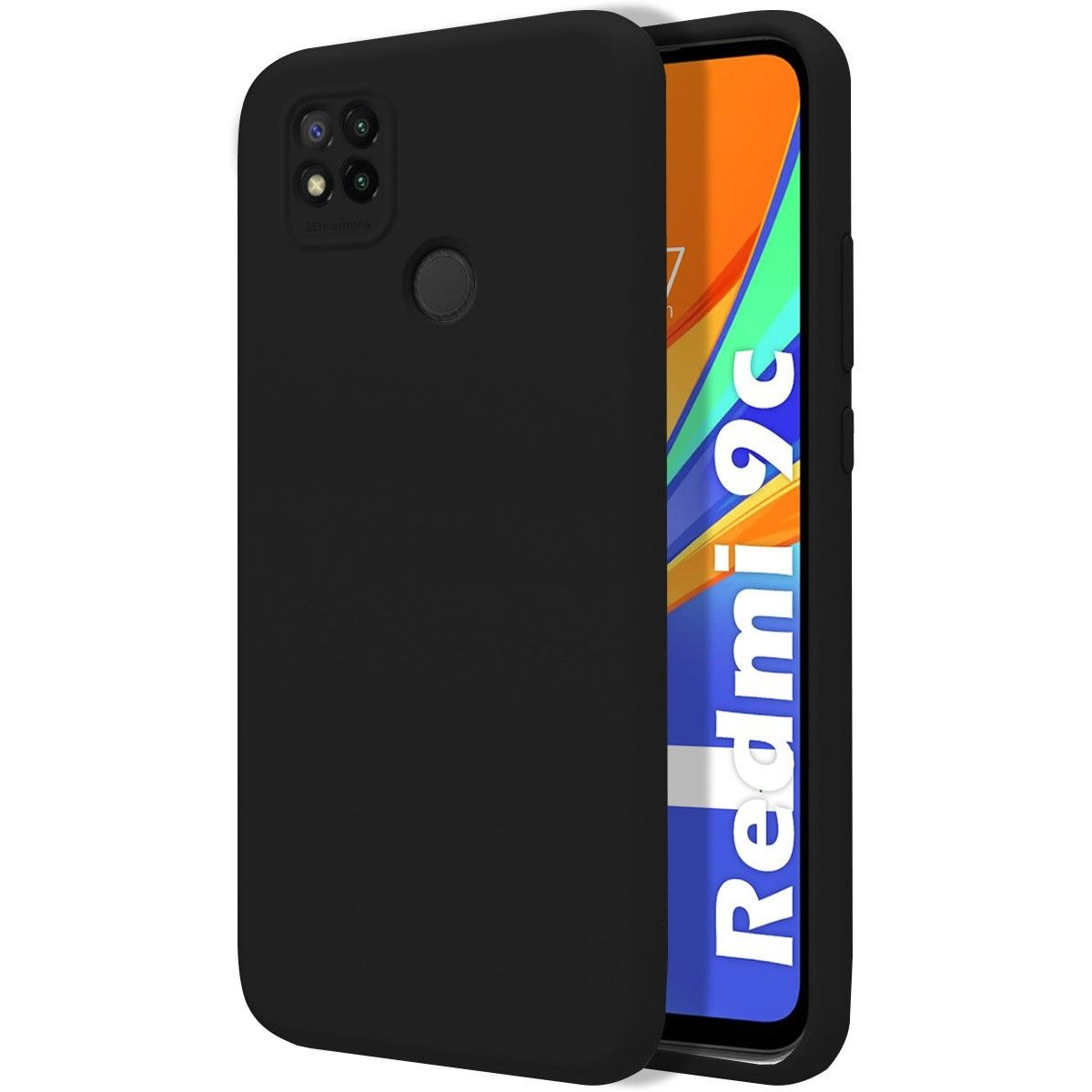 Custodia nera per telefono. Lo schermo mostra un display colorato: redmi 9c.