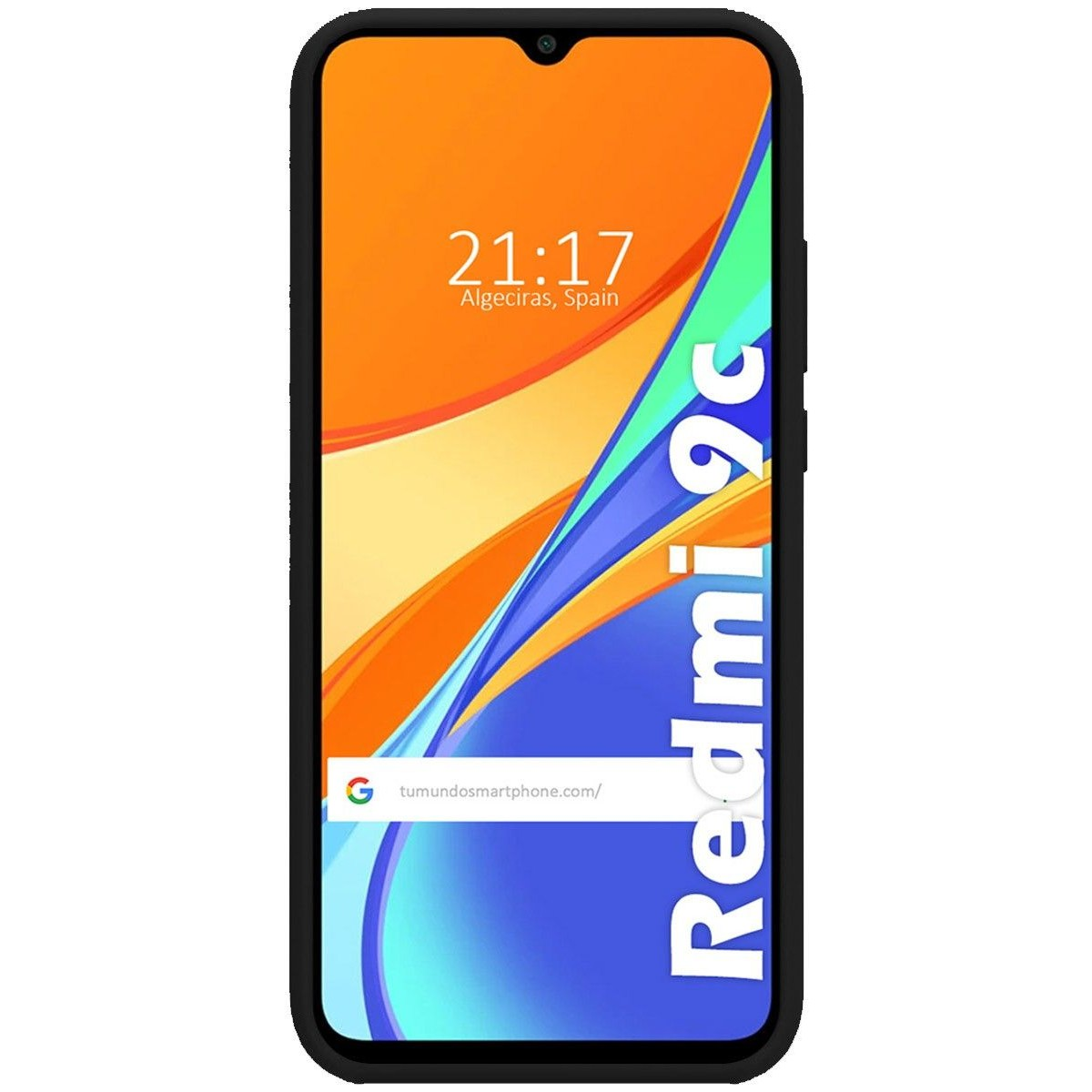 Schermo del telefono, design arancione e blu, con l'ora e l'etichetta Redmi 9c.