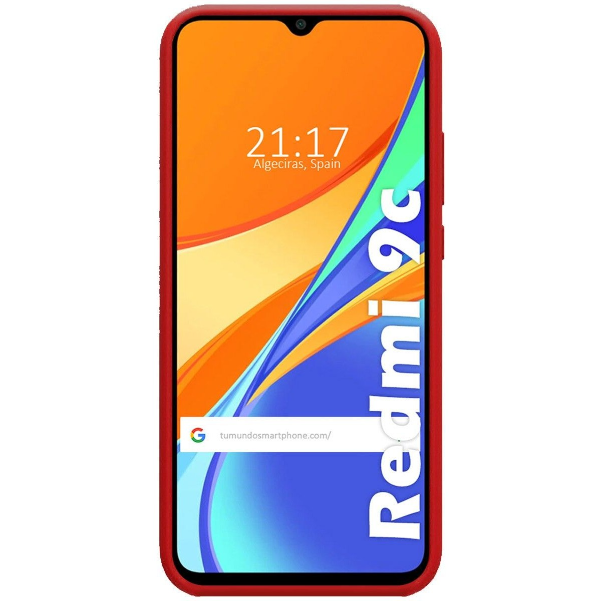 Telefono Redmi 9c. Lo schermo mostra l'ora e la barra di ricerca. Il telefono ha un bordo rosso.