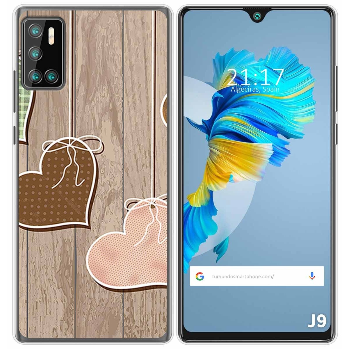 Funda: fondo de madera con diseño de corazones. Pantalla muestra hora y mariposa.