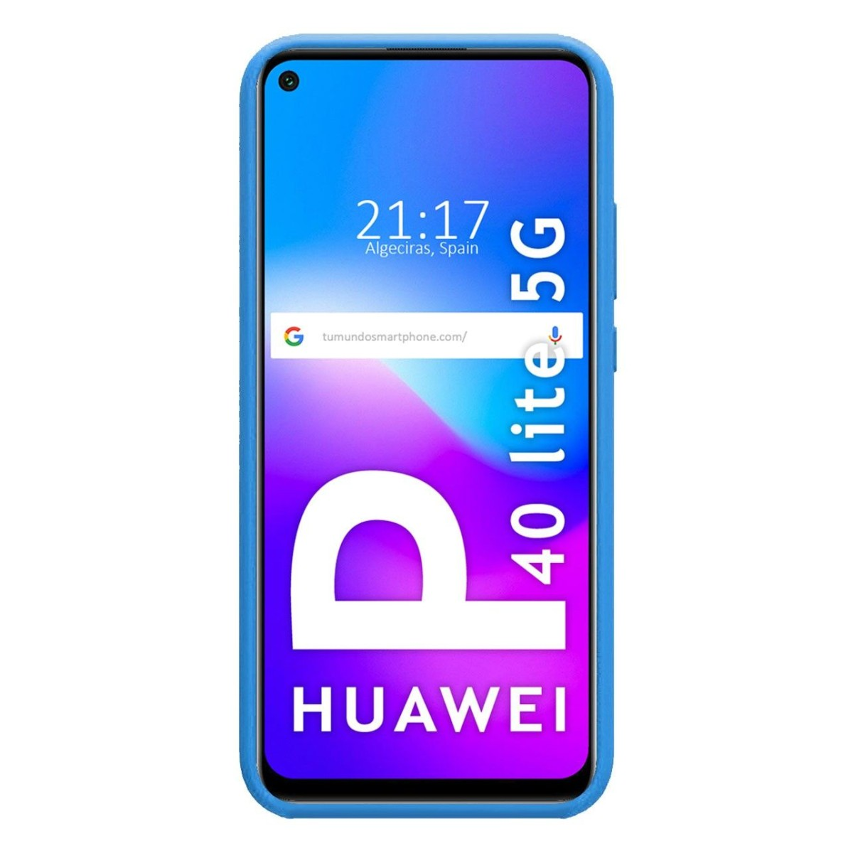 Funda de teléfono con marco azul y texto blanco, que dice 'HUAWEI P40 lite 5G'. El teléfono tiene una pantalla de tiempo.