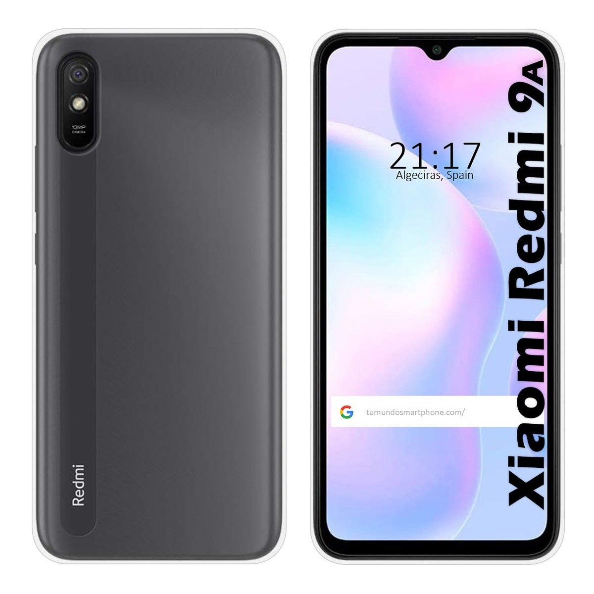 Custodia nera per telefono Redmi 9A. Il telefono a destra mostra l'ora e la città. Retro con logo.
