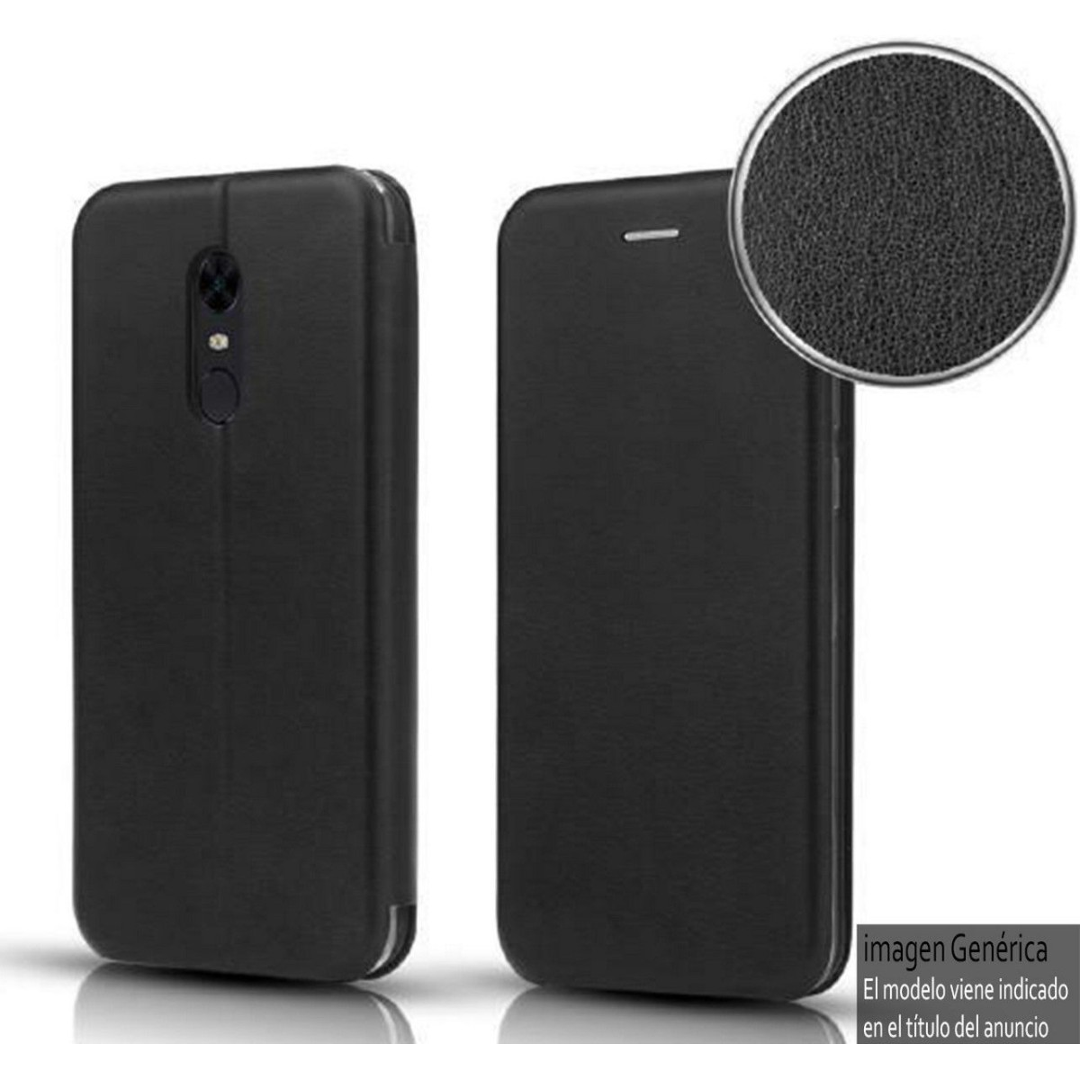 Una custodia per telefono nera con aspetto pelle. C'è anche un primo piano della trama.
