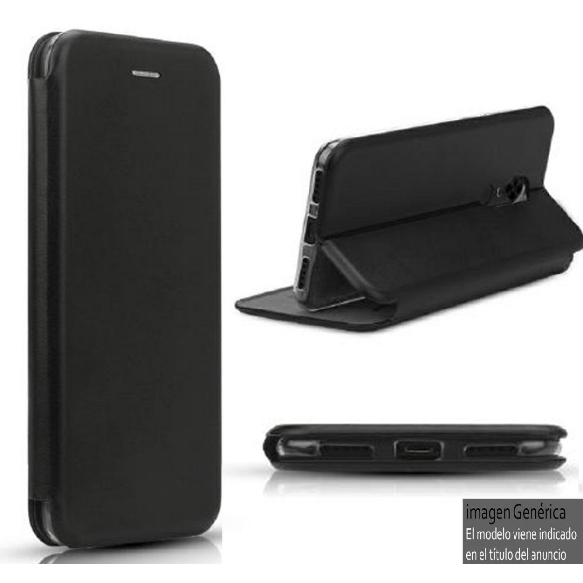 Custodia per telefono nera con design a portafoglio, mostrata chiusa, aperta e di lato. Il telefono non è visibile.