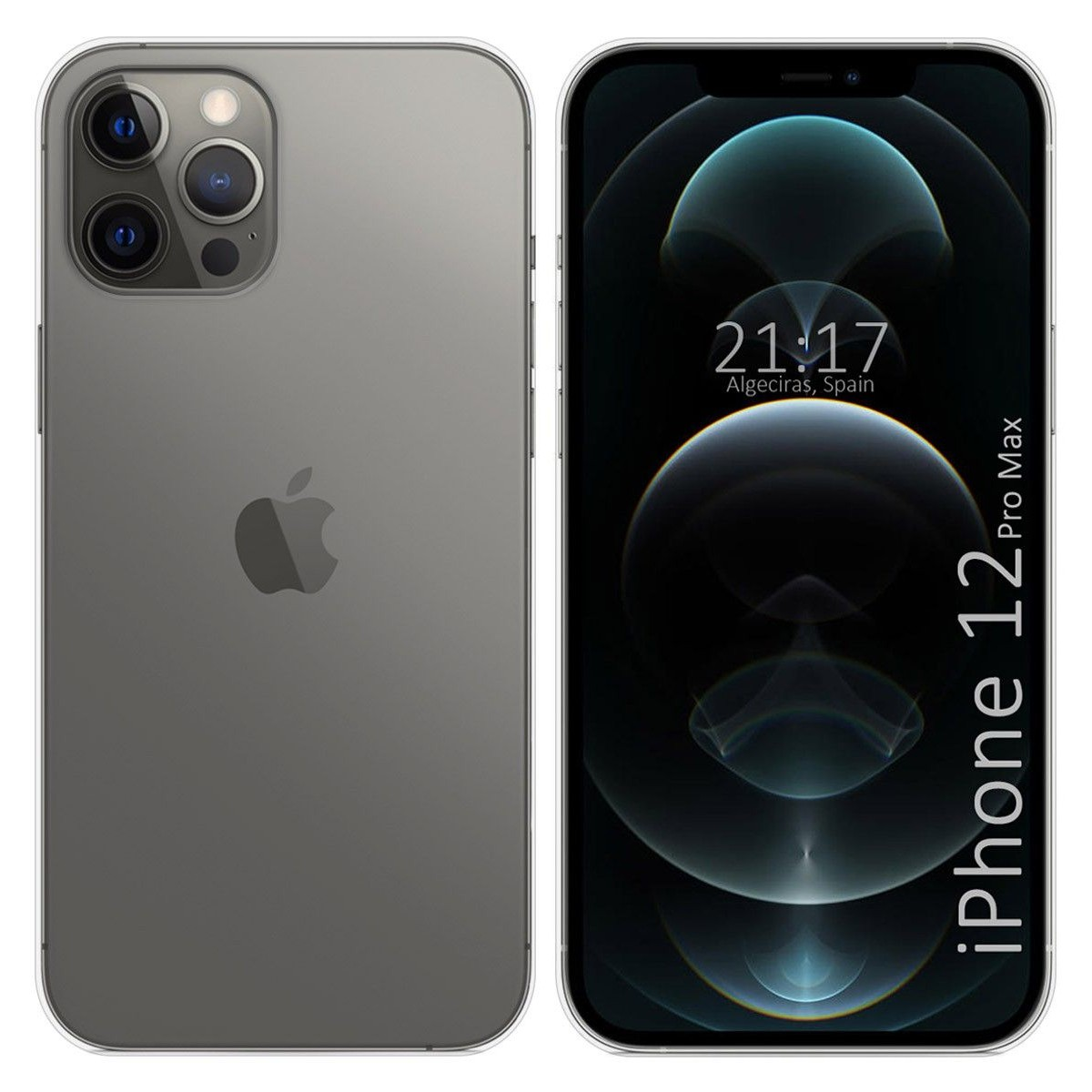 Due lati di un iPhone 12 Pro Max grigio. Il telefono a destra mostra l'ora 21:17 ad Algeciras, Spagna.
