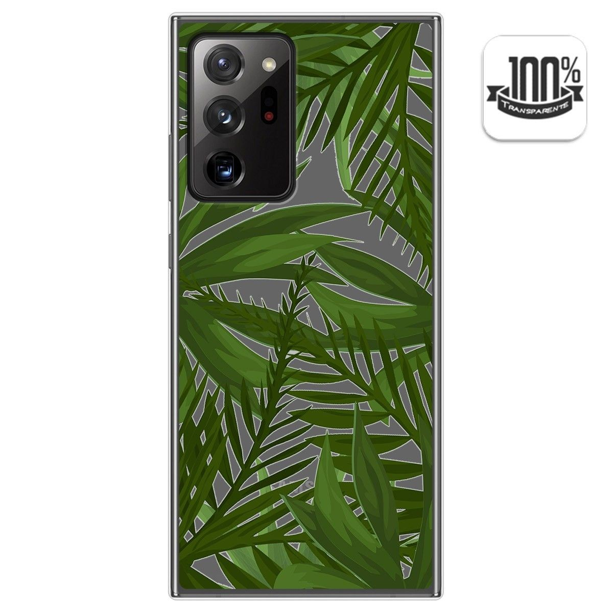 Funda de teléfono con hojas de palmera verdes sobre fondo gris.