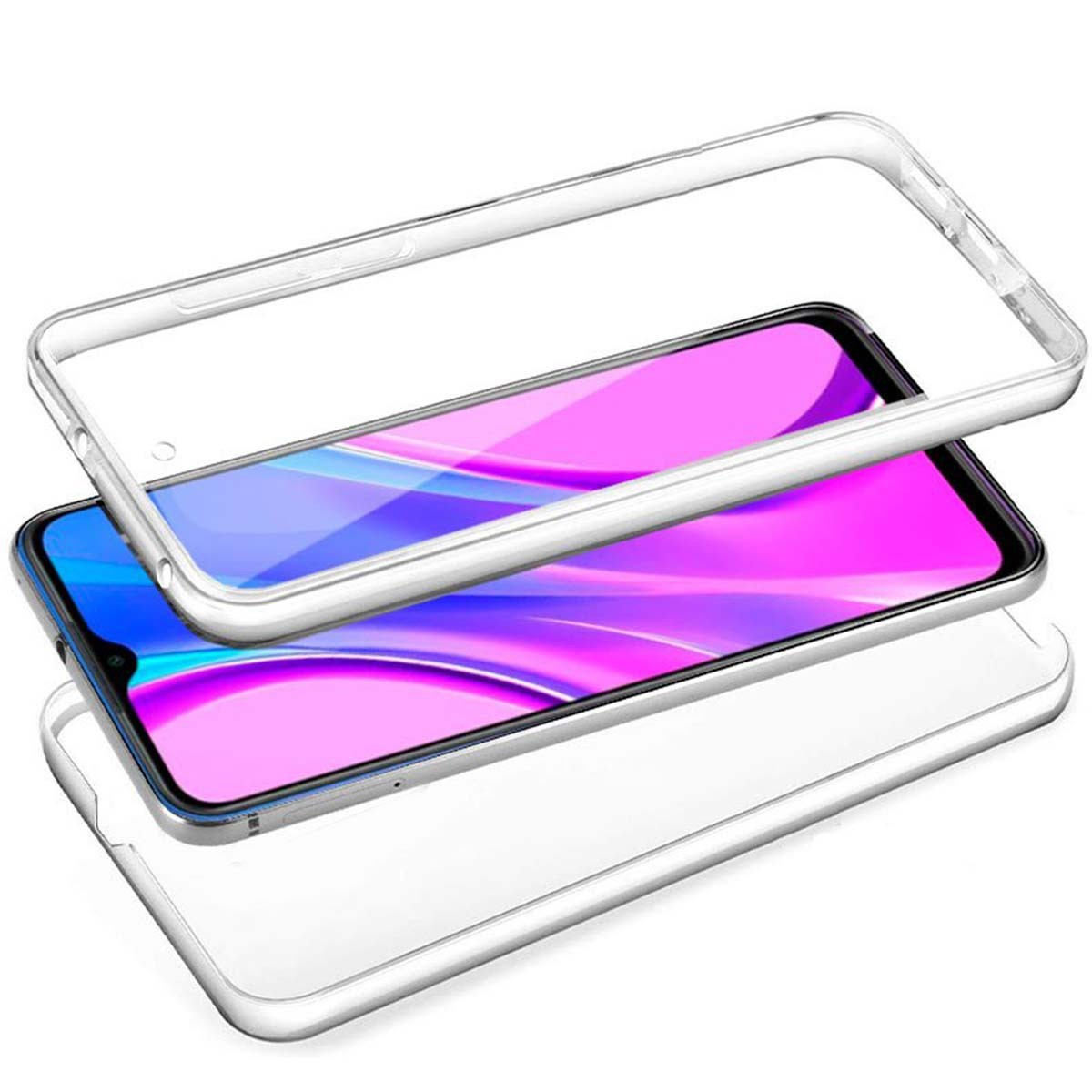 Custodia con tre strati di protezione. Un telefono è posizionato nella custodia con uno schermo rosa e viola.