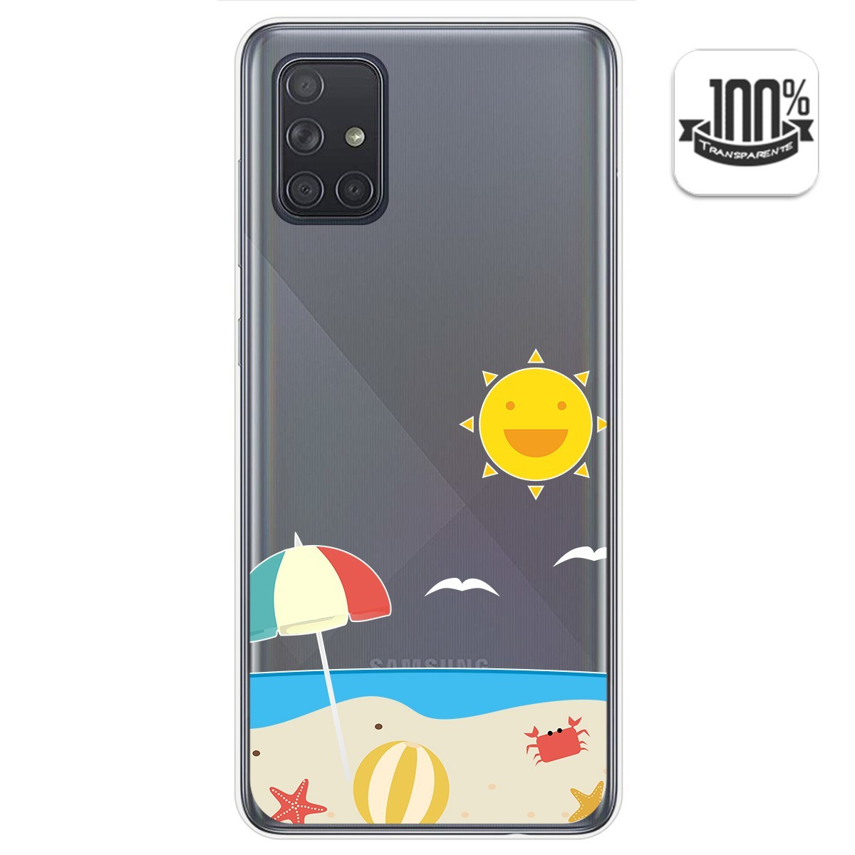 Funda de teléfono con escena de playa: sol, sombrilla, mar, pelota, cangrejo y estrella.