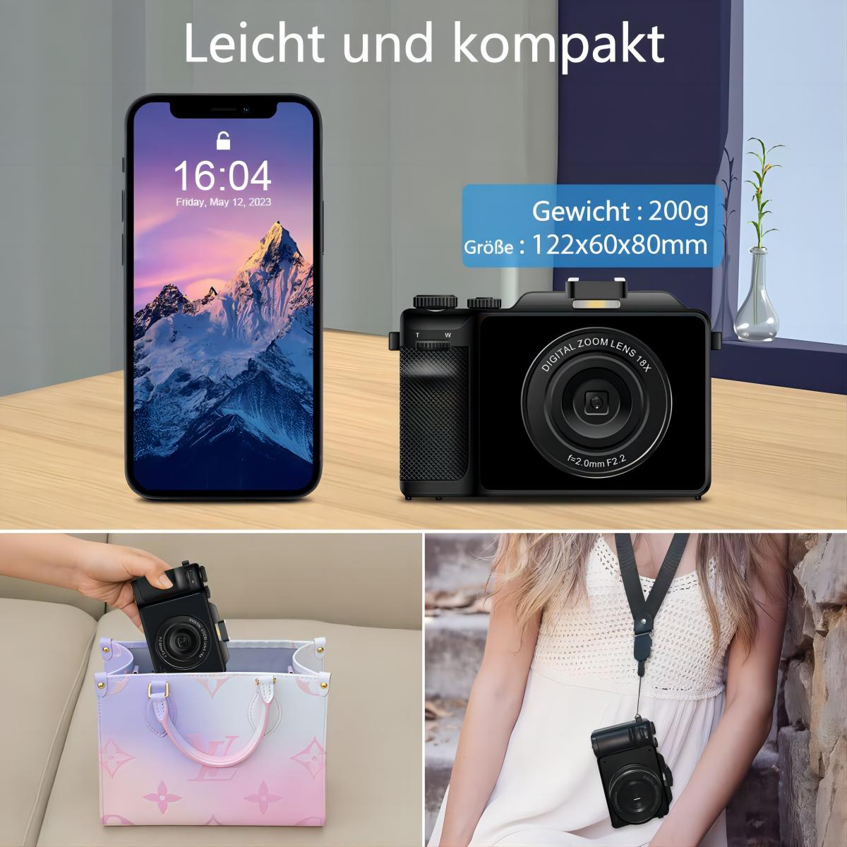 Eine schwarze Digitalkamera und ein Smartphone. Verschiedene Bilder zeigen Größe und Verwendung.