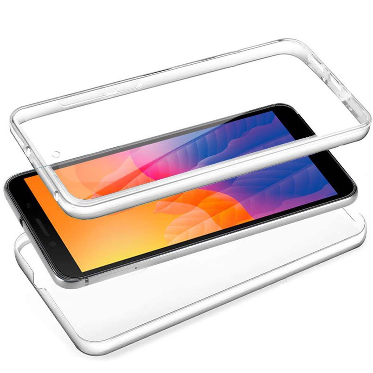 Una funda transparente con un teléfono dentro, tres partes.
