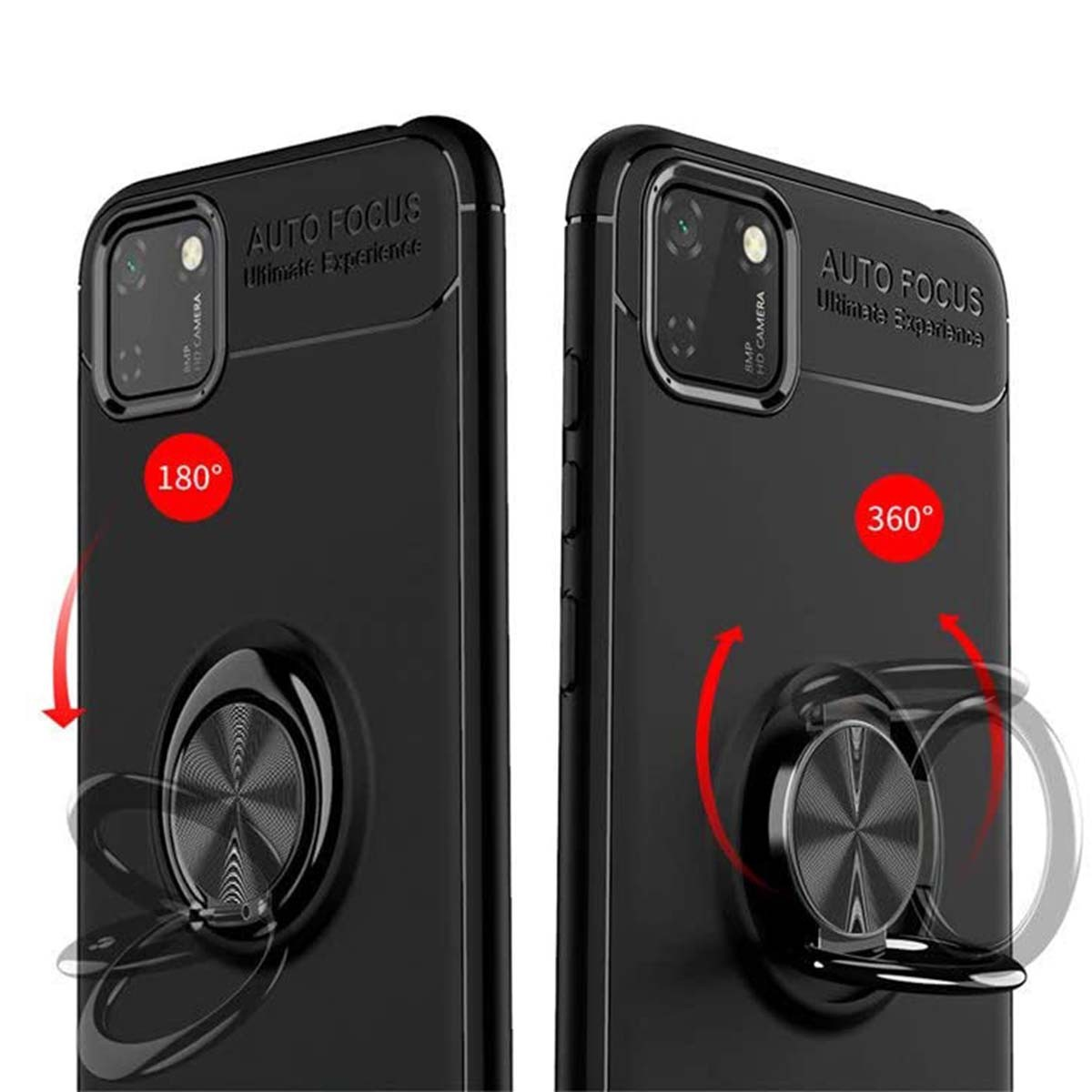 Fundas negras que muestran la función del anillo en dos posiciones, flechas que apuntan a 180 y 360 grados.