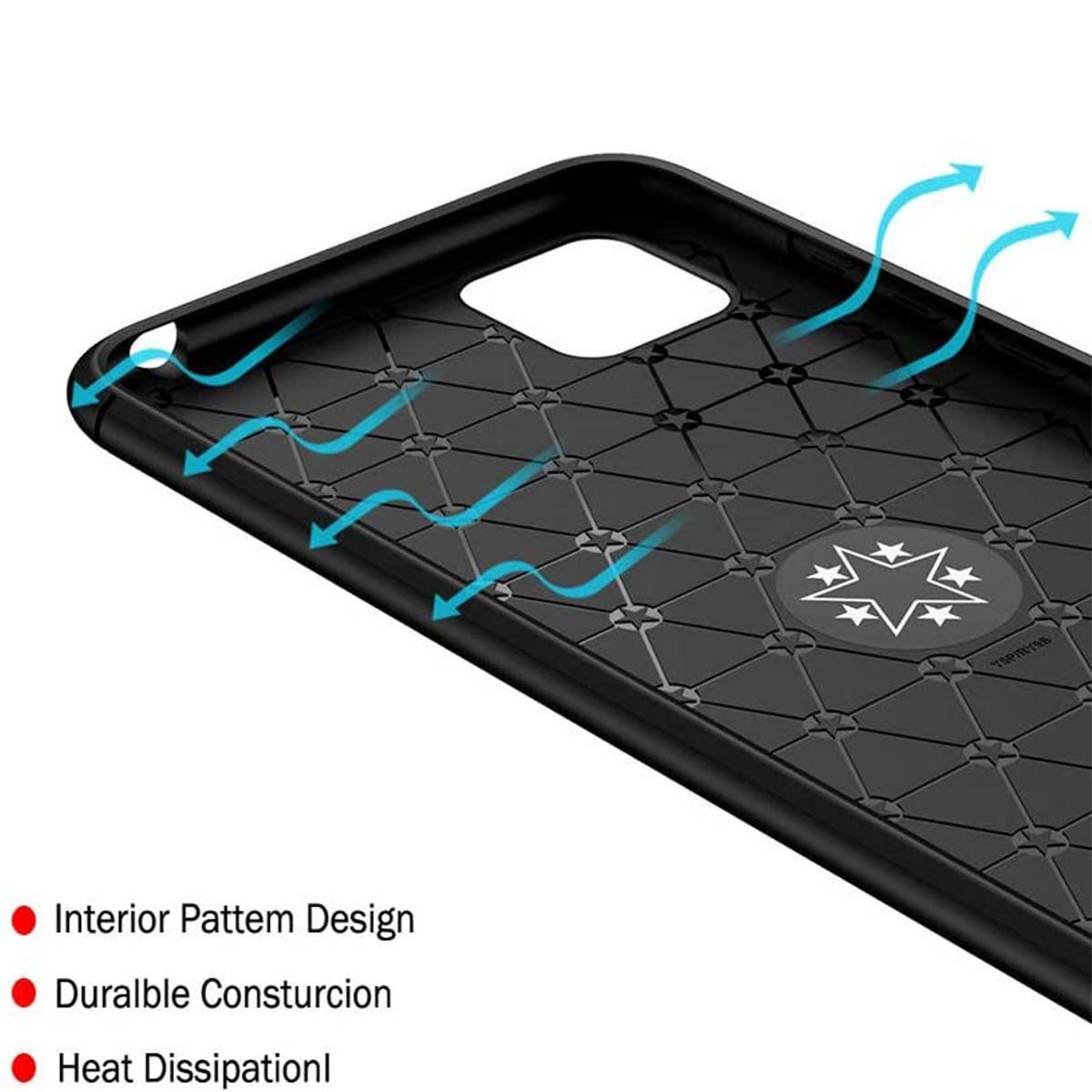 Detalles de diseño interior de la funda del teléfono negro. Muestra el diseño del patrón interior, la construcción duradera y la disipación del calor.