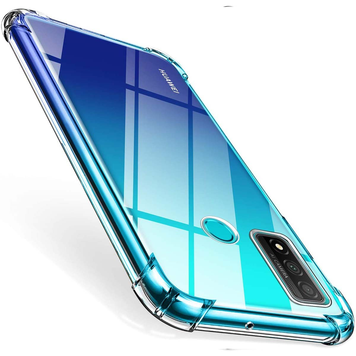 Funda transparente con un tinte azul. La imagen es de un teléfono.