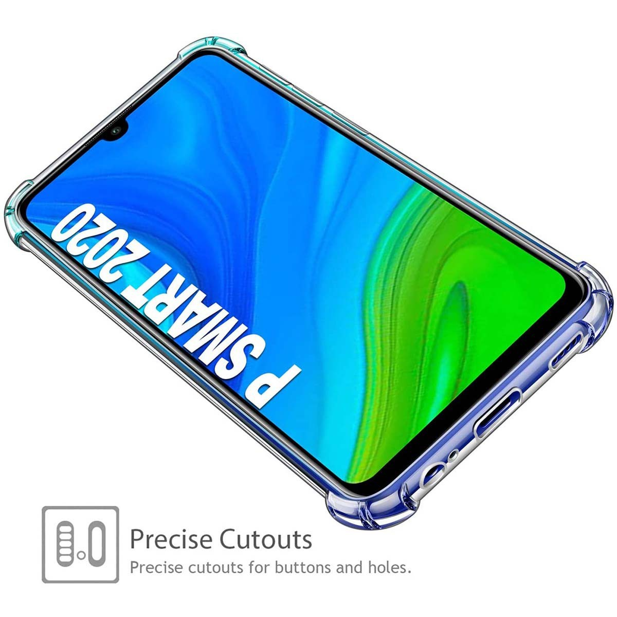 Funda de teléfono con un tono azul. El teléfono muestra una pantalla azul con texto blanco: 'P SMART 2020'.