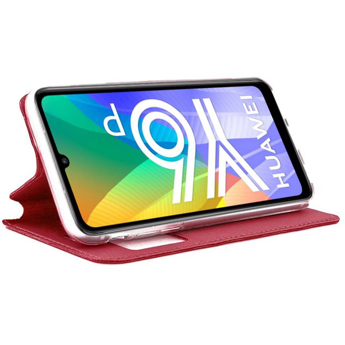 Una funda de teléfono con una cubierta roja está abierta, mostrando la pantalla de un teléfono con la palabra 'HUAWEI' y la hora.