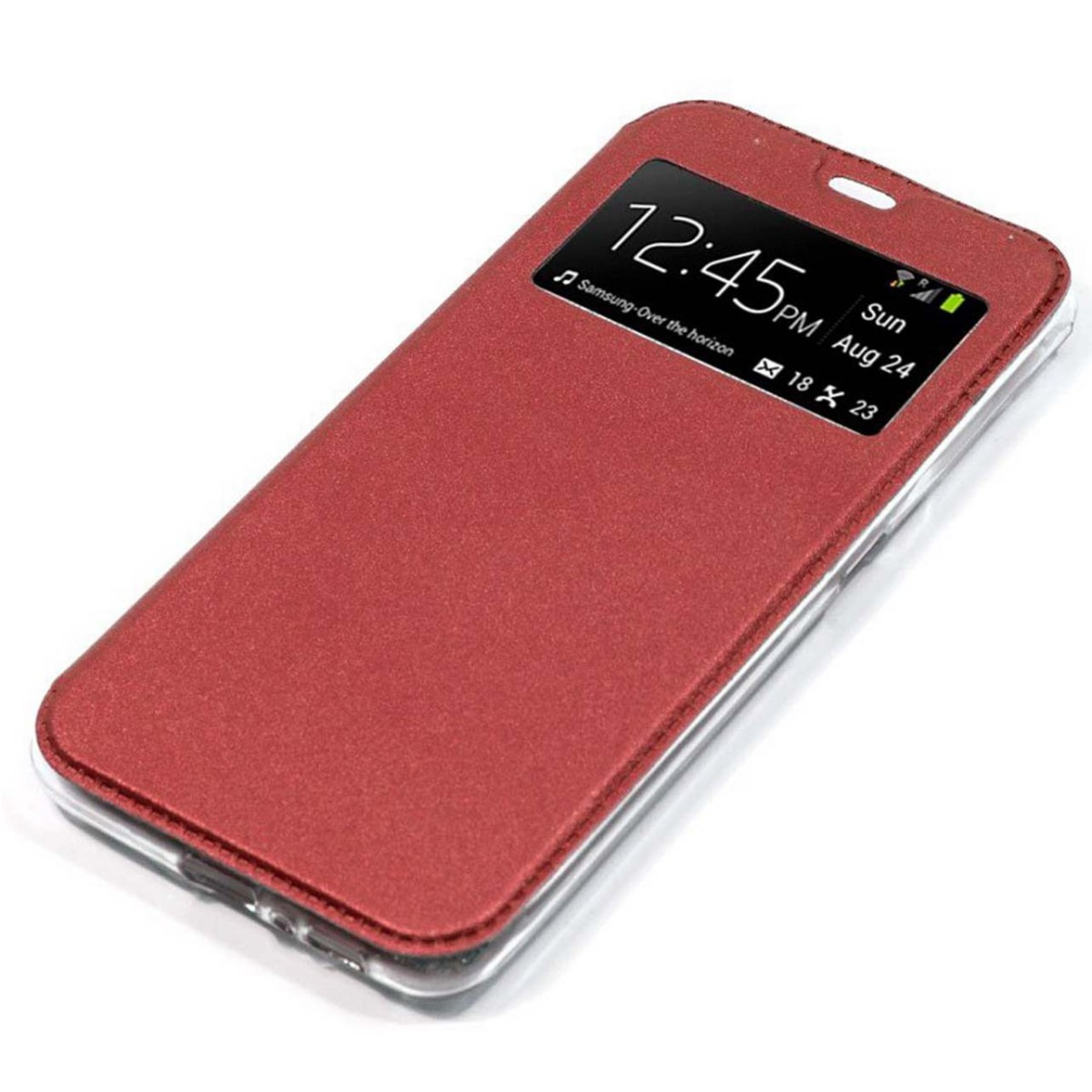 Funda de teléfono roja con ventana que muestra la hora y la fecha: 12:45 PM, Dom 24 Ago, 18/23.