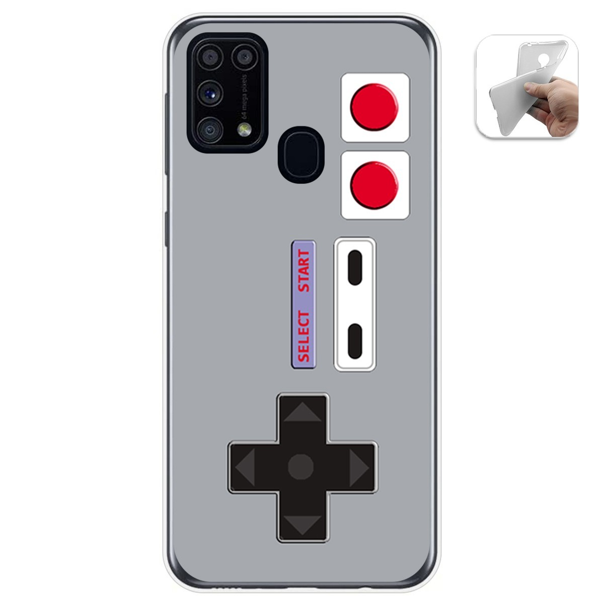 Funda de teléfono con diseño de mando de juego retro. Tiene una cruz, botones y las palabras SELECT y START.