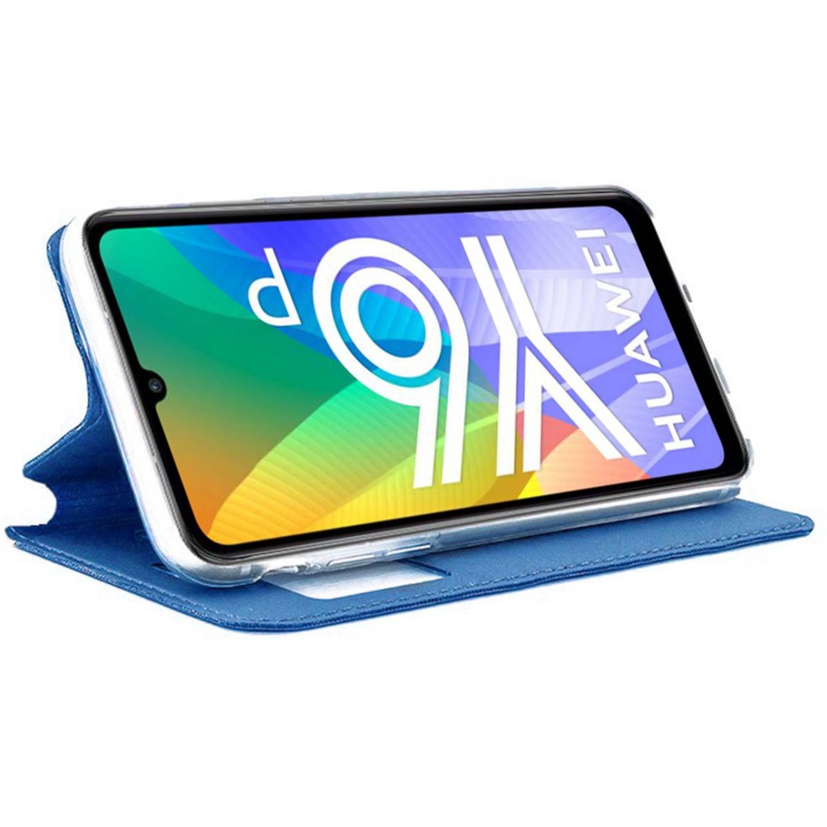 Funda de teléfono azul con un teléfono Huawei. El teléfono muestra un gráfico colorido.