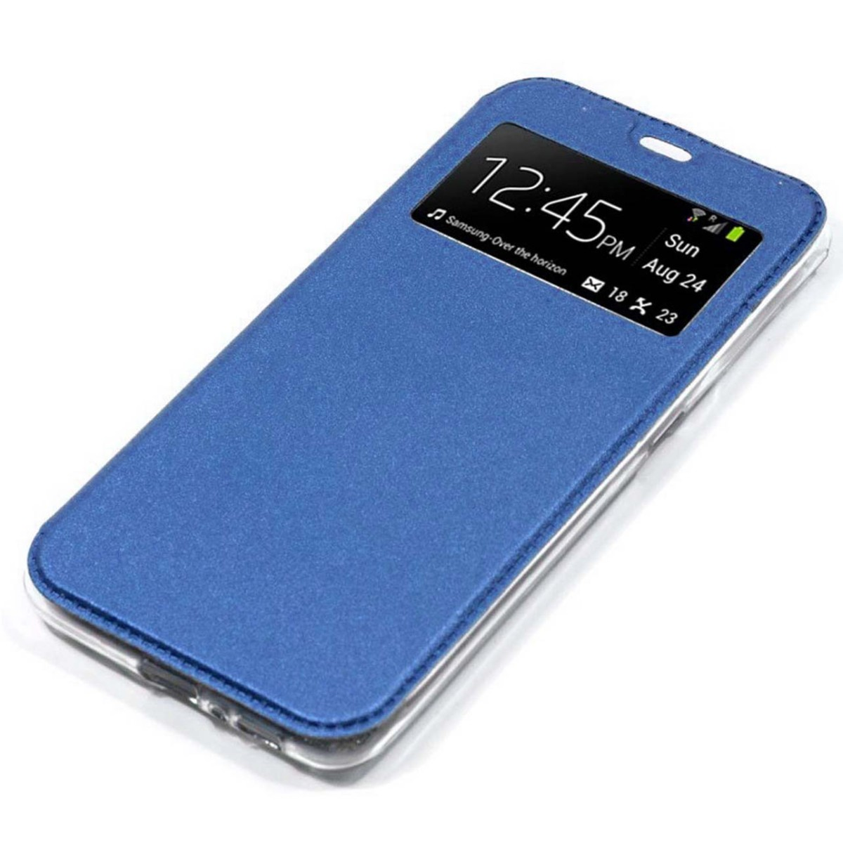 Funda de teléfono azul con pantalla que muestra la hora y la fecha. La funda tiene una tapa abatible.