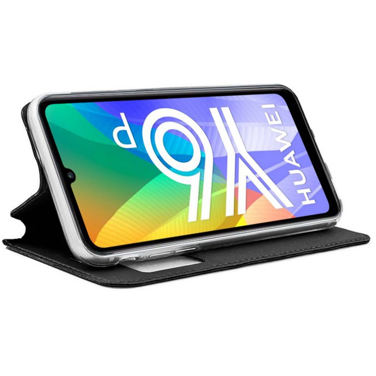 Teléfono en una funda con tapa negra.