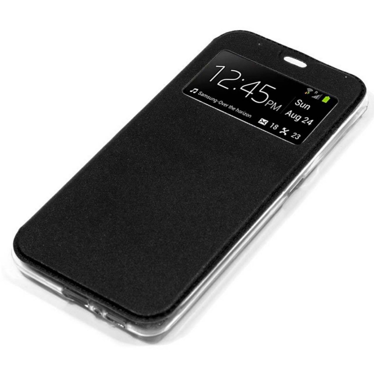 Funda negra para teléfono con hora y fecha en pantalla.