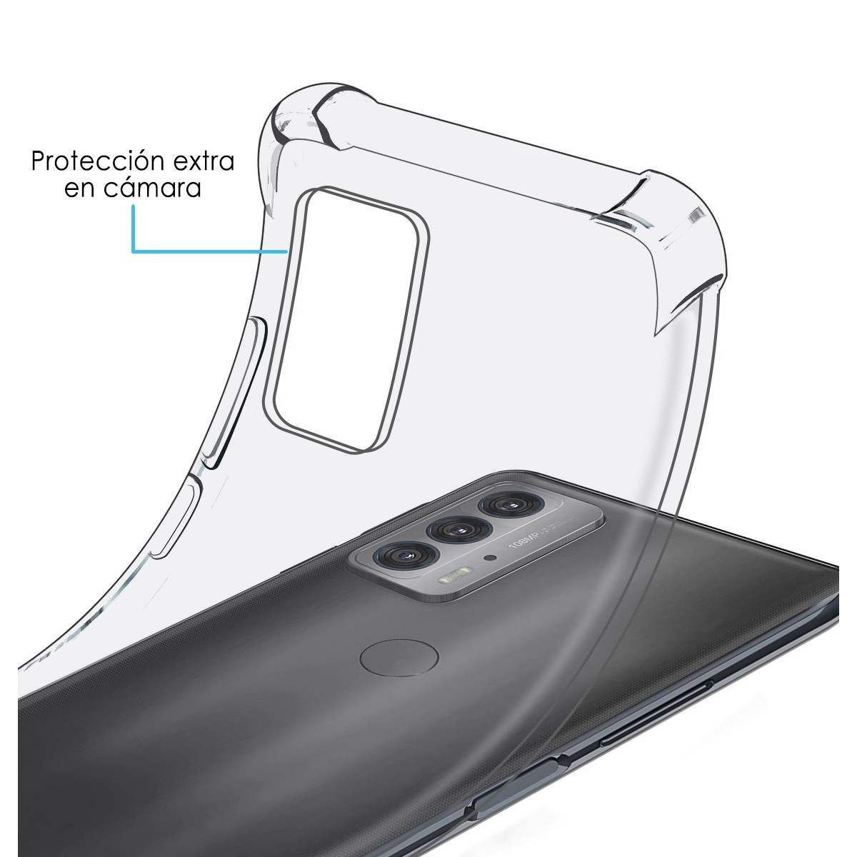 Una funda transparente para teléfono con protección extra para la cámara, mostrando un teléfono dentro.