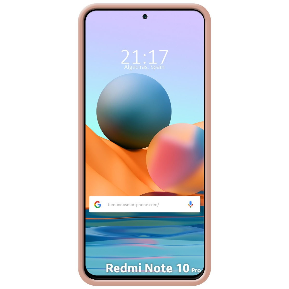 Uno schermo del telefono che mostra uno sfondo sfumato con due sfere e l'ora, con testo sottostante.