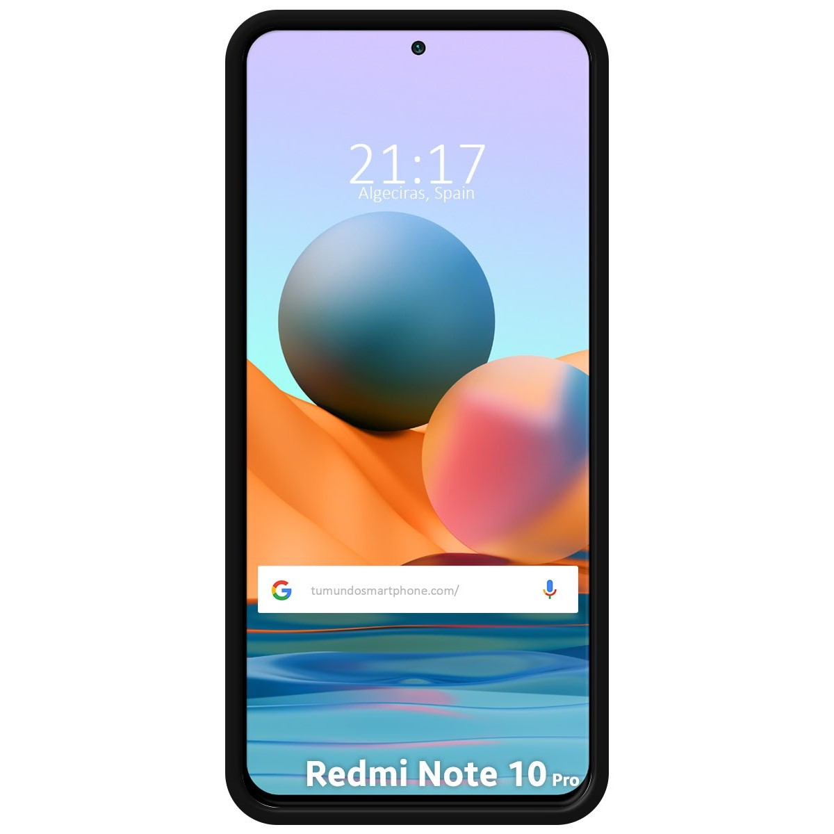 Uno schermo di smartphone che mostra una scena sulla spiaggia con due sfere e una barra di ricerca.