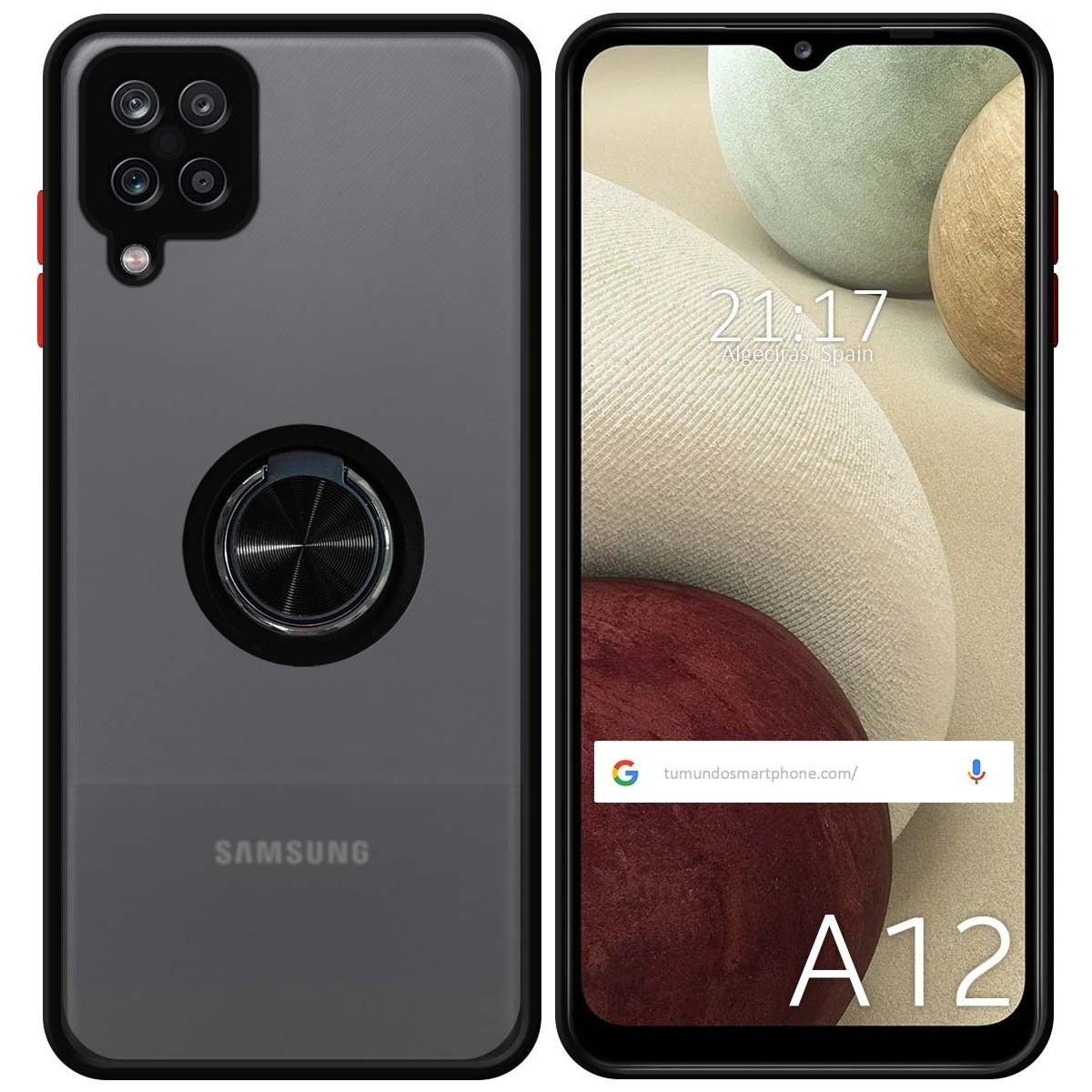 Custodia nera per telefono con telefono, che mostra schermata iniziale e fotocamera posteriore con anello.