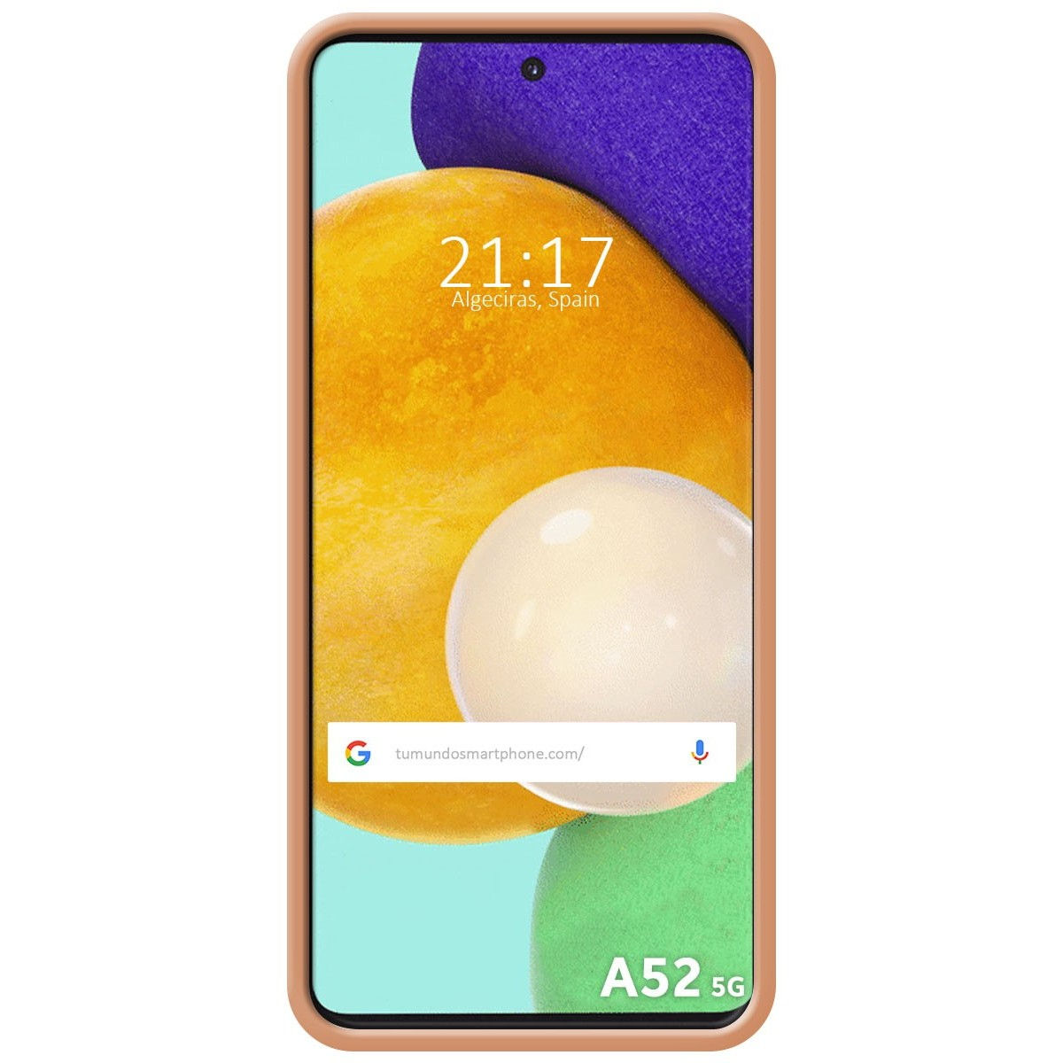 Custodia per telefono con un telefono che mostra uno sfondo colorato con l'ora e le parole A52 5G.