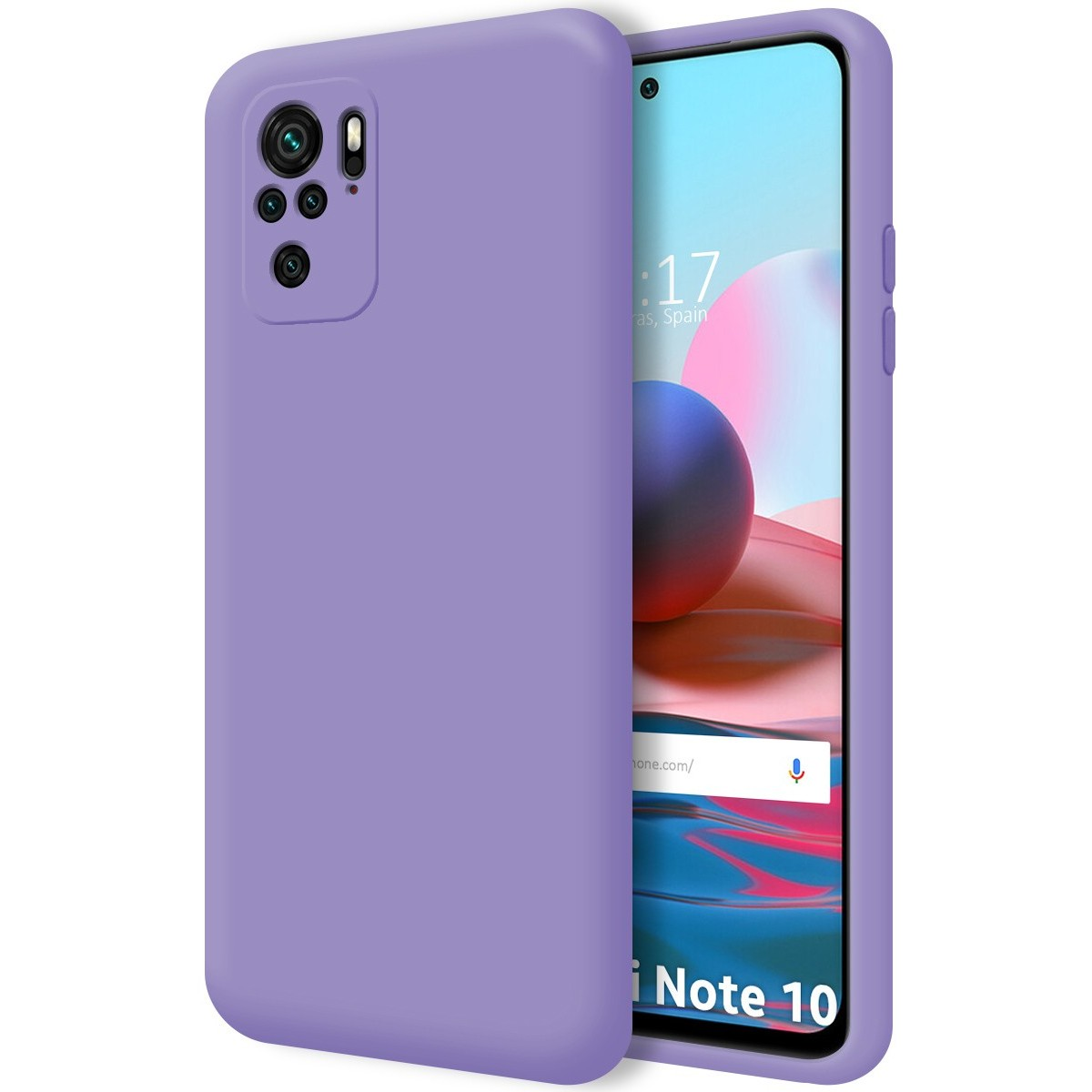 Custodia per telefono viola, con un telefono che mostra uno schermo con il testo 'i Note 10'.