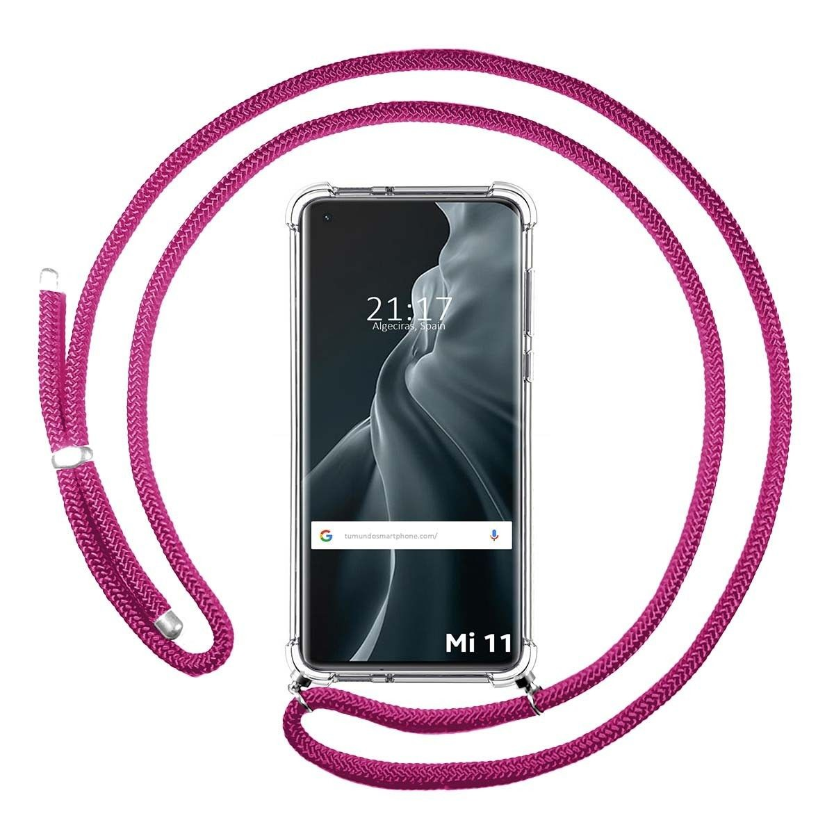 Telefono con cordino rosa. Il telefono mostra l'ora e una barra di ricerca.